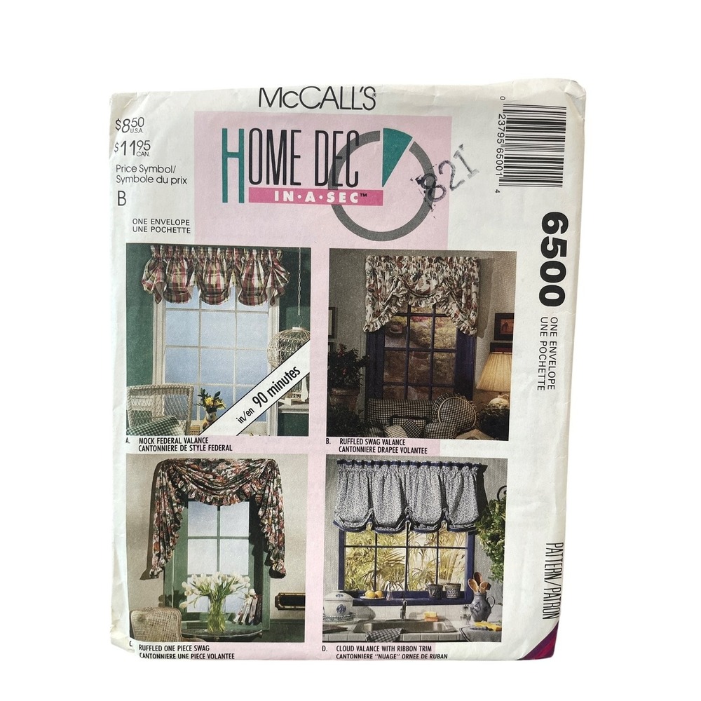 McCall's 6500 Home Dec Window Valance Swag Pattern 1993 Window Width 25-100"
